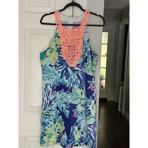 EUC Lilly Pulitzer Pearl Shift Dress 12 Brilliant Blue Wade Sea Embroidery Beach